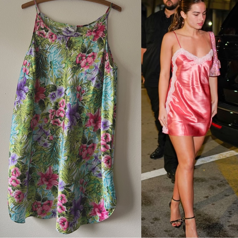 Vintage Floral Satin Slip Dress‎ size XL